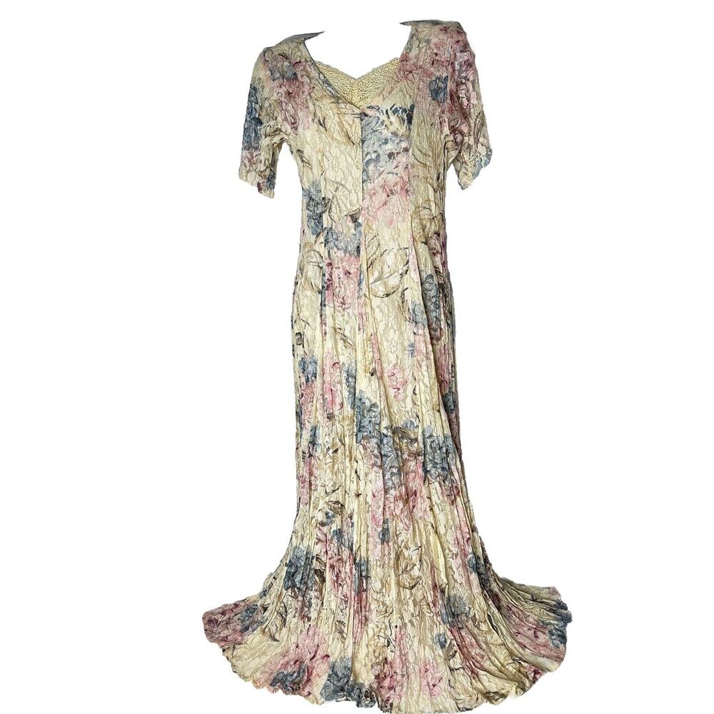 Vintage Lace Floral Maxi Dress S Rayon Cottagecore Indie Romantic Grunge 90s - Picture 3 of 12